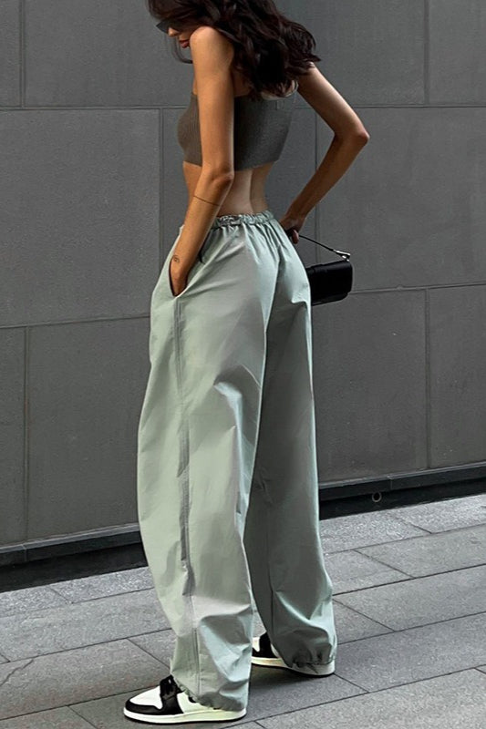 Low Rise Drawstring Waist Loose Straight Leg Parachute Pants 3