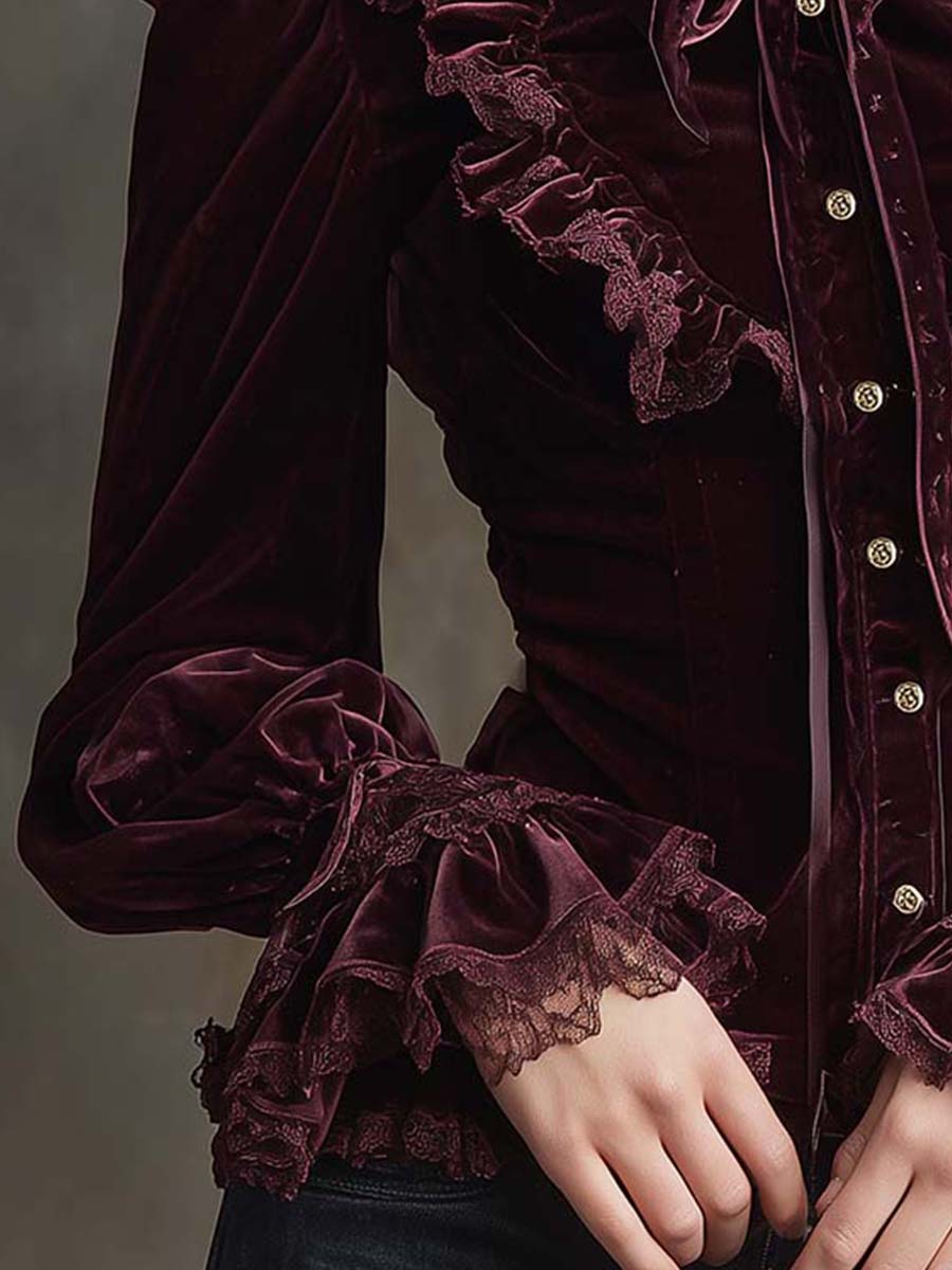 Garnet Red Romance Victorian Velvet Ruffle Blouse