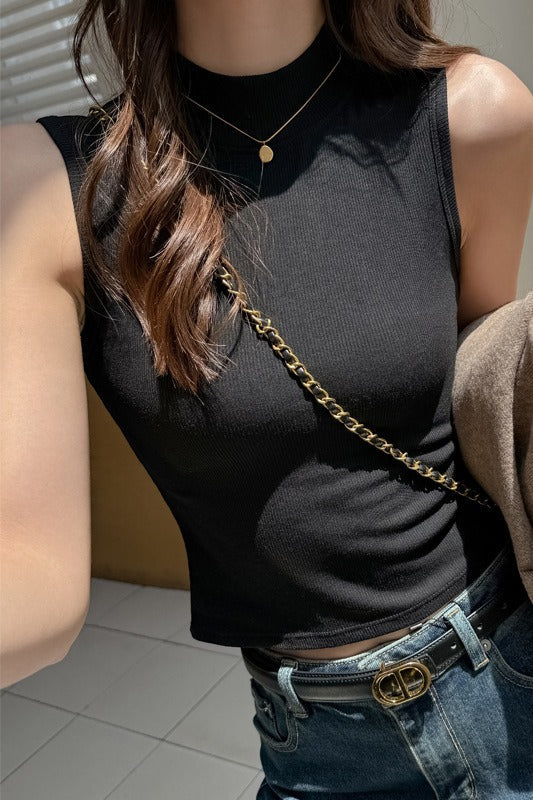Mock Neck Sleeveless Ribbed Knit Slim Fit Crop Tank Top 4