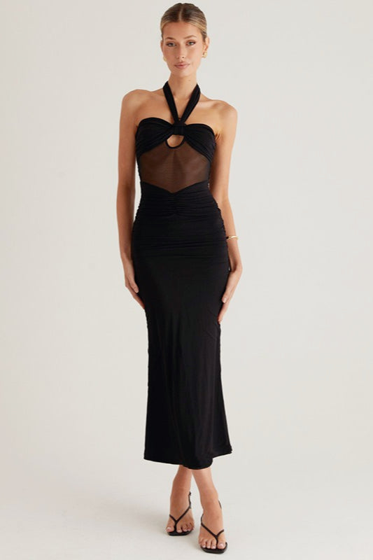 Halter Neck Twist Front Cut Out Sheer Mesh Mermaid Maxi Dress