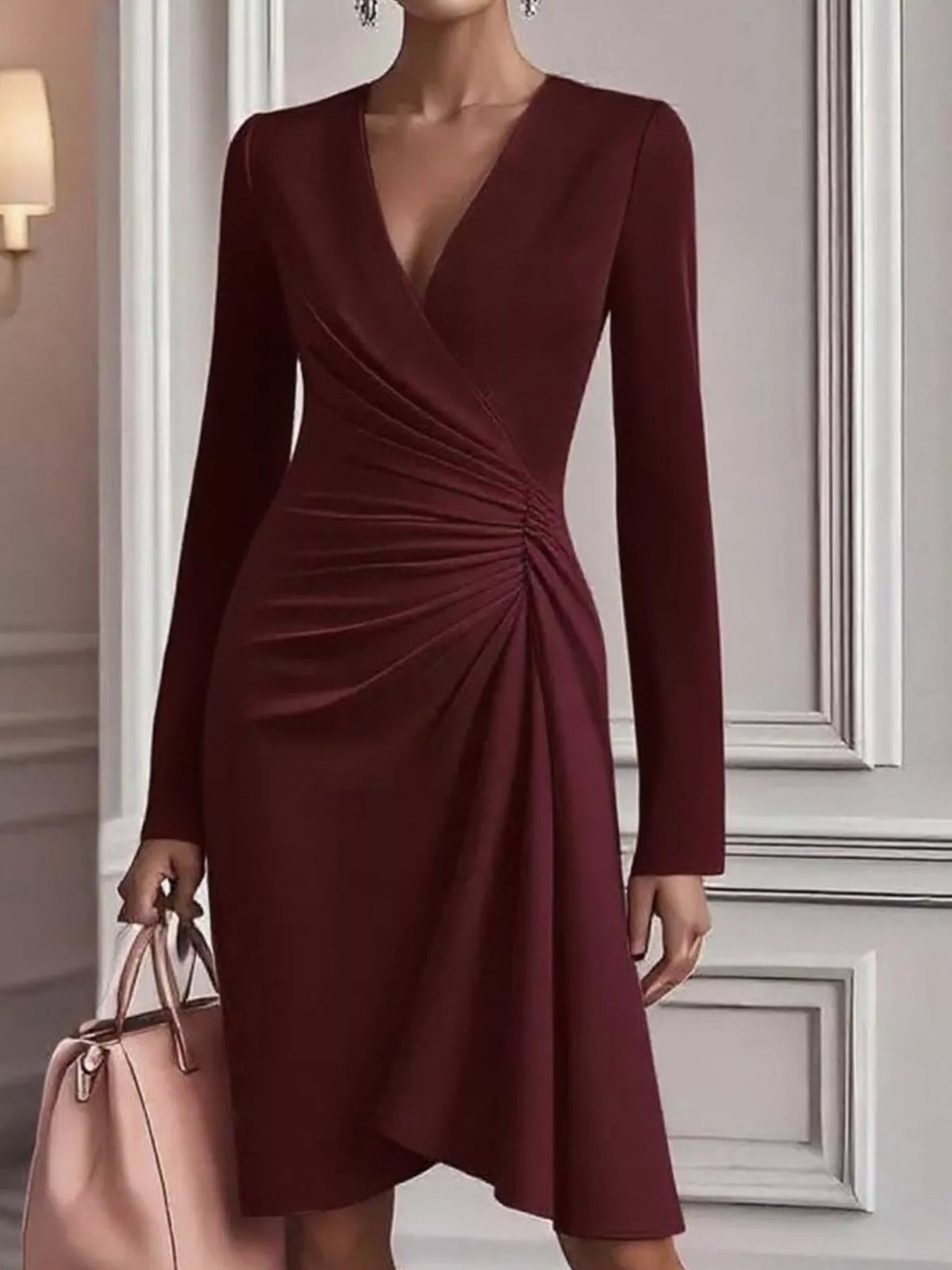 Satin Surplice V-Neck Long Sleeve Ruched Side Wrap Midi Dress 10