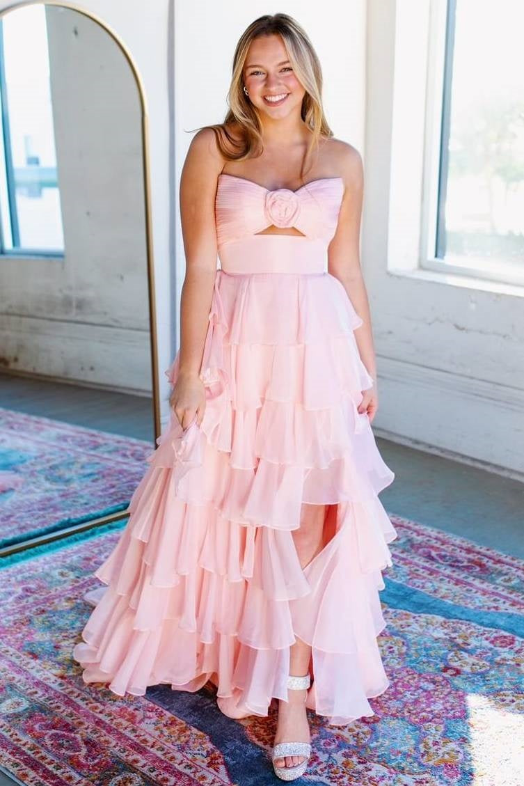 Cute Royal Blue A-Line Strapless Long Tiered Prom Dress with Slit