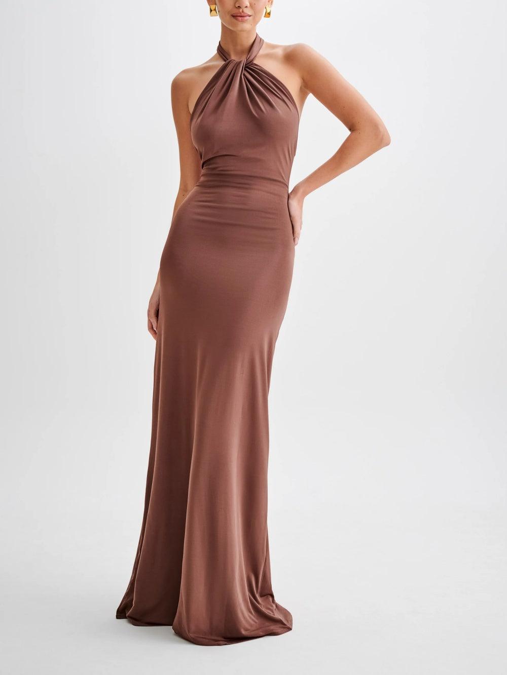 Twist Halter Neck Backless Floor Length Maxi Gown