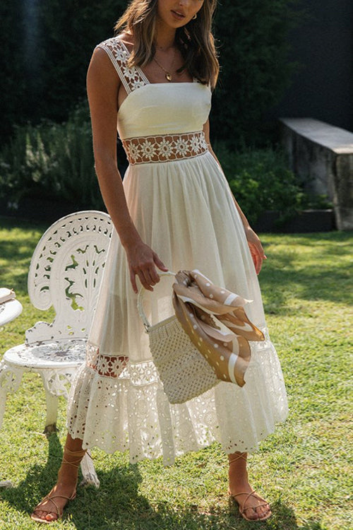 Square Neck Sleeveless Eyelet Lace Crochet Waist Pleated Tiered Ruffle Hem Midi Dress