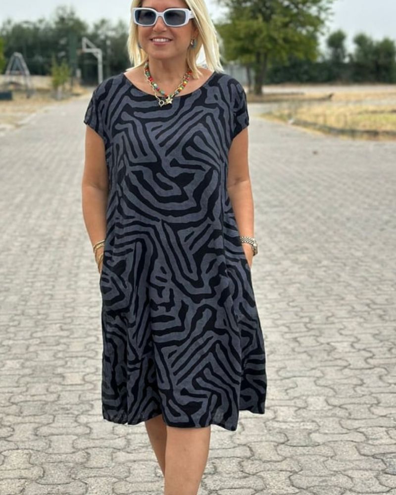 Abstract Print Short Sleeve Midi Dress with Pockets 3