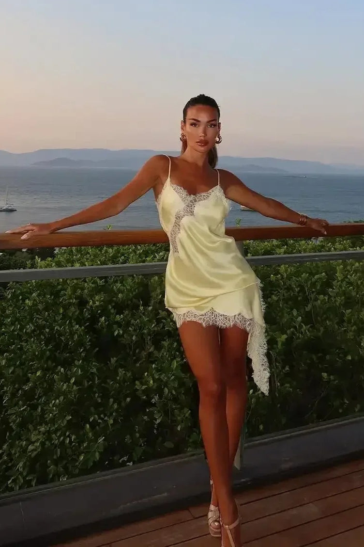 Alluring Asymmetric Lace Trim Fitted Mini Dress - View 2