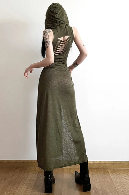 Hooded Hollow Out Midi Dress