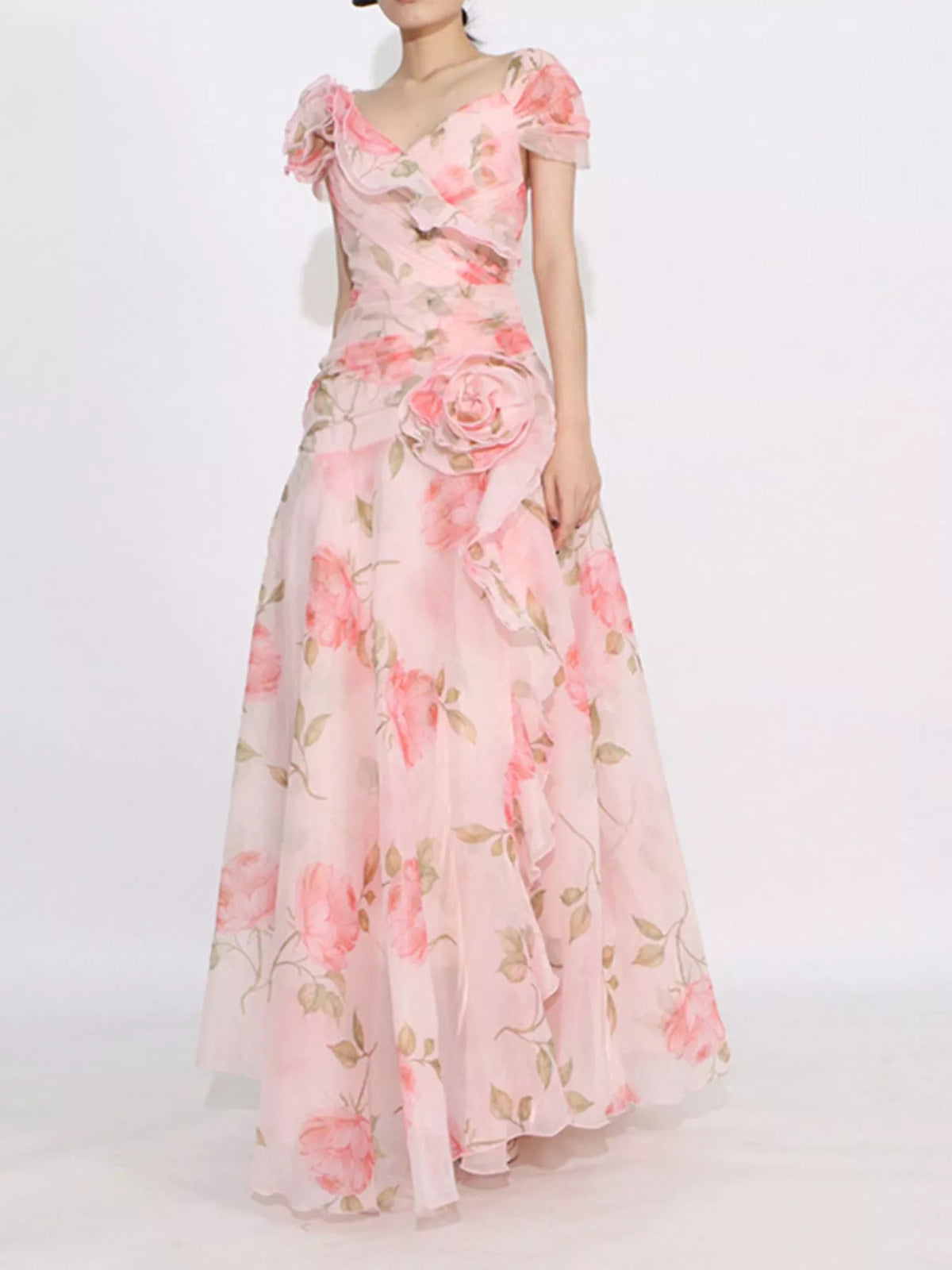 Floral Chiffon Rosette Ruffle Cap Sleeve Maxi Dress 6