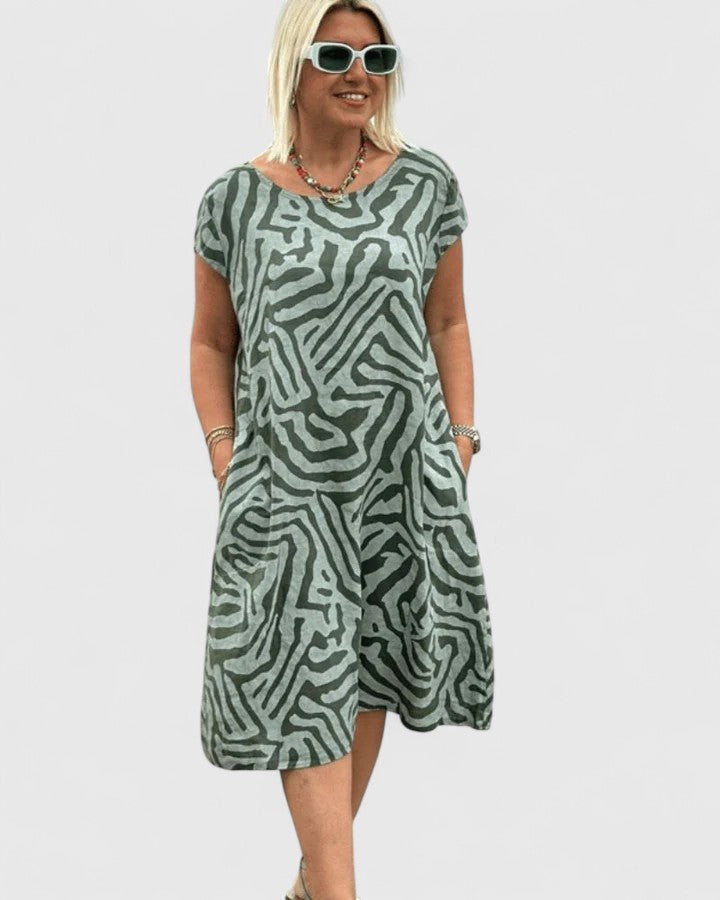 Abstract Print Round Neck Cap Sleeve Pocket Shift Dress