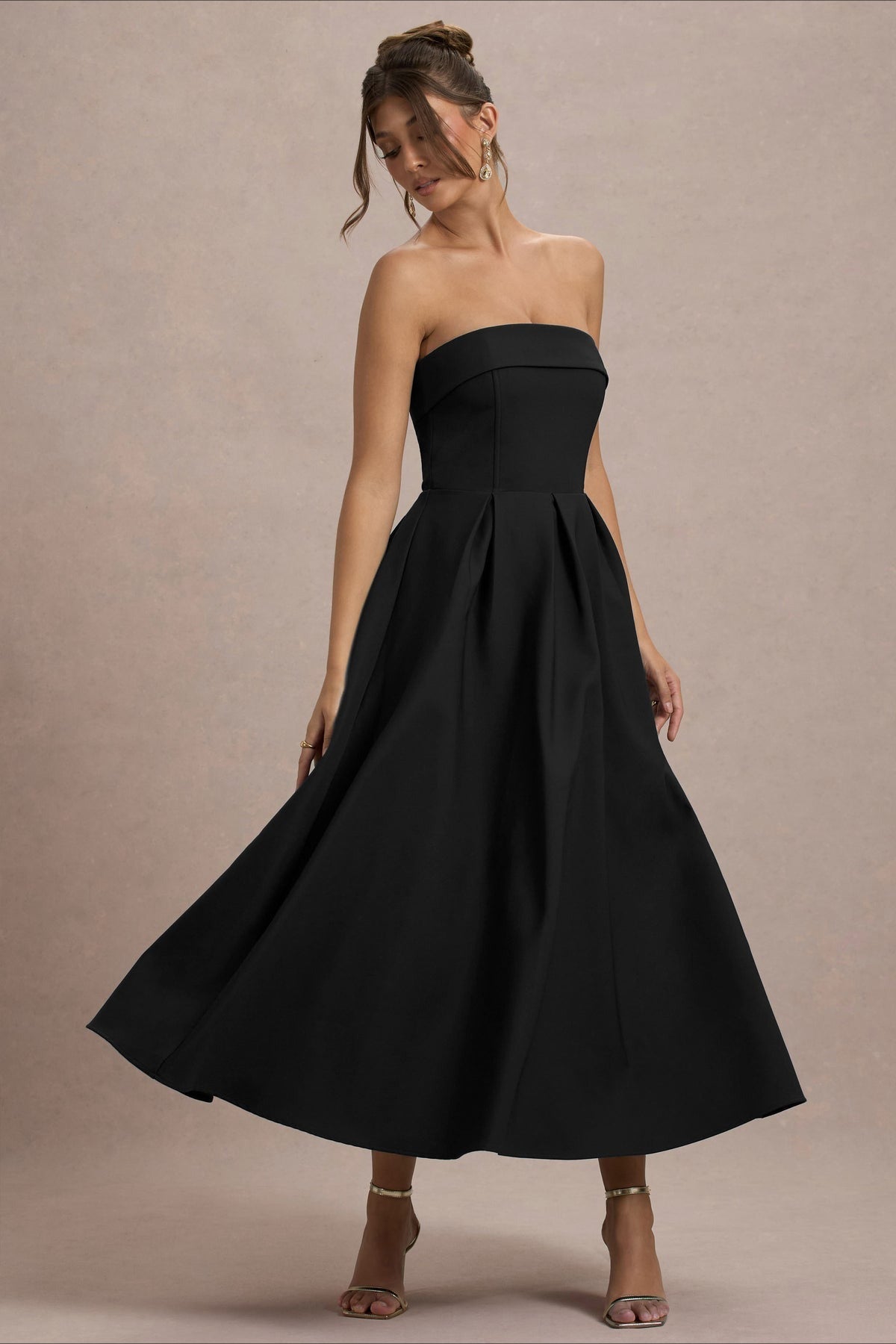 Strapless Fold Over Neck Box Pleat A-Line Midi Cocktail Dress