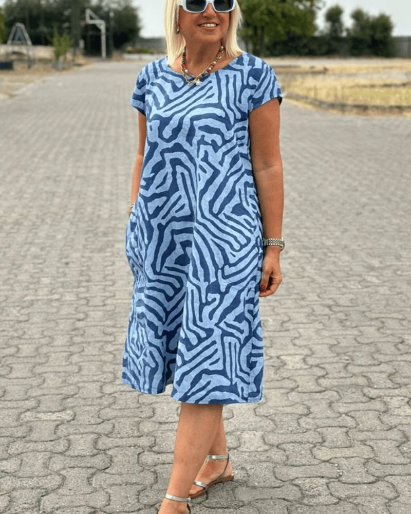 Abstract Print Short Sleeve Midi Dress with Pockets 6
