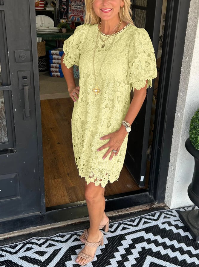 Floral Lace Round Neck Puff Sleeve Tiered Ruffle Shift Mini Dress