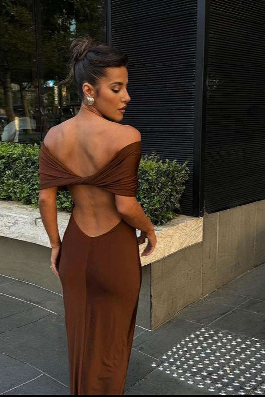 Off Shoulder Draped Ruched Bodycon Maxi Dress
