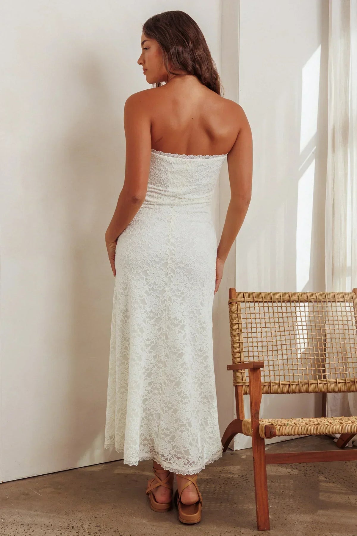 Floral Lace Strapless Scalloped Hem Column Maxi Dress 3