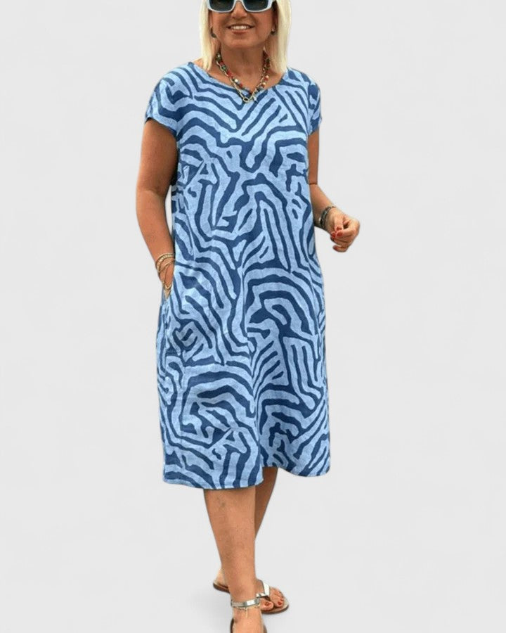 Abstract Print Round Neck Cap Sleeve Pocket Shift Dress