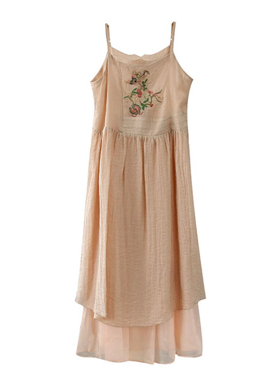 Embroidered Floral Bird Patch Spaghetti Strap Square Neck Empire Tiered Midi Dress