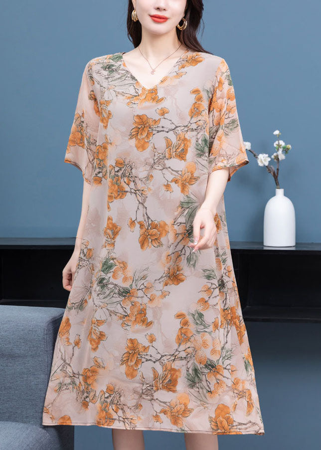 Floral Print V-Neck Elbow Sleeve Loose Shift Midi Dress