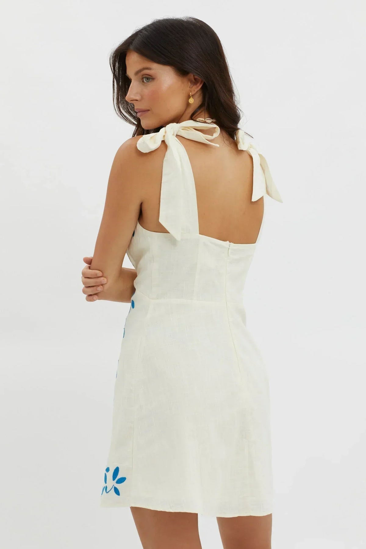 Embroidered Deep V-Neck Tie Shoulder Sleeveless A-Line Mini Dress 2