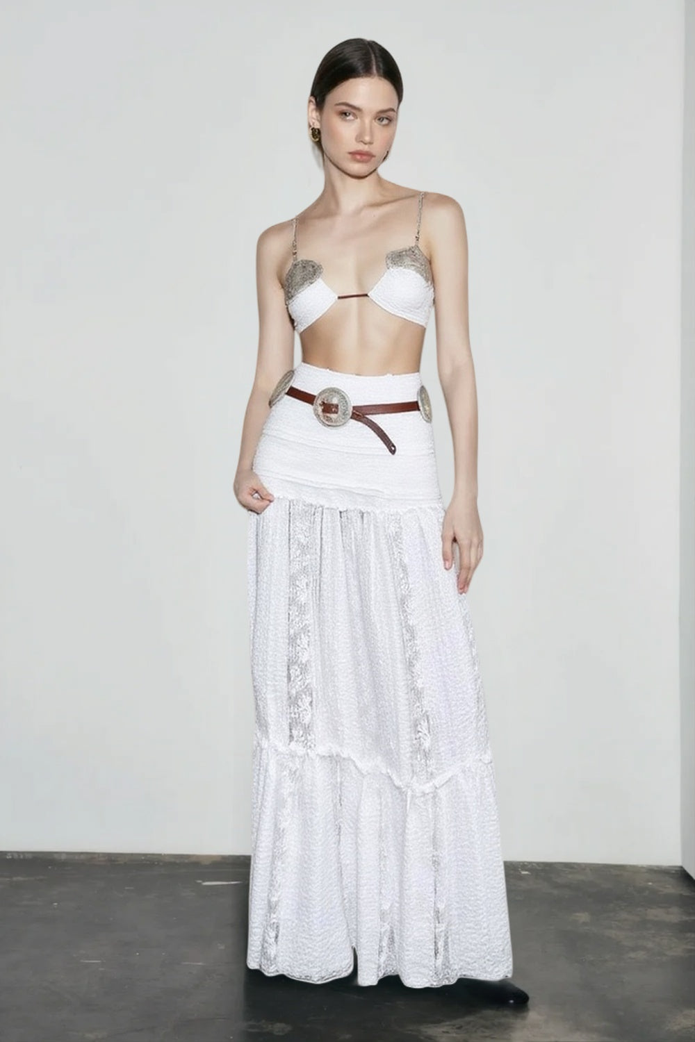 Textured Fitted Hip Lace Trim Tiered Ruffle Maxi Skirt 3