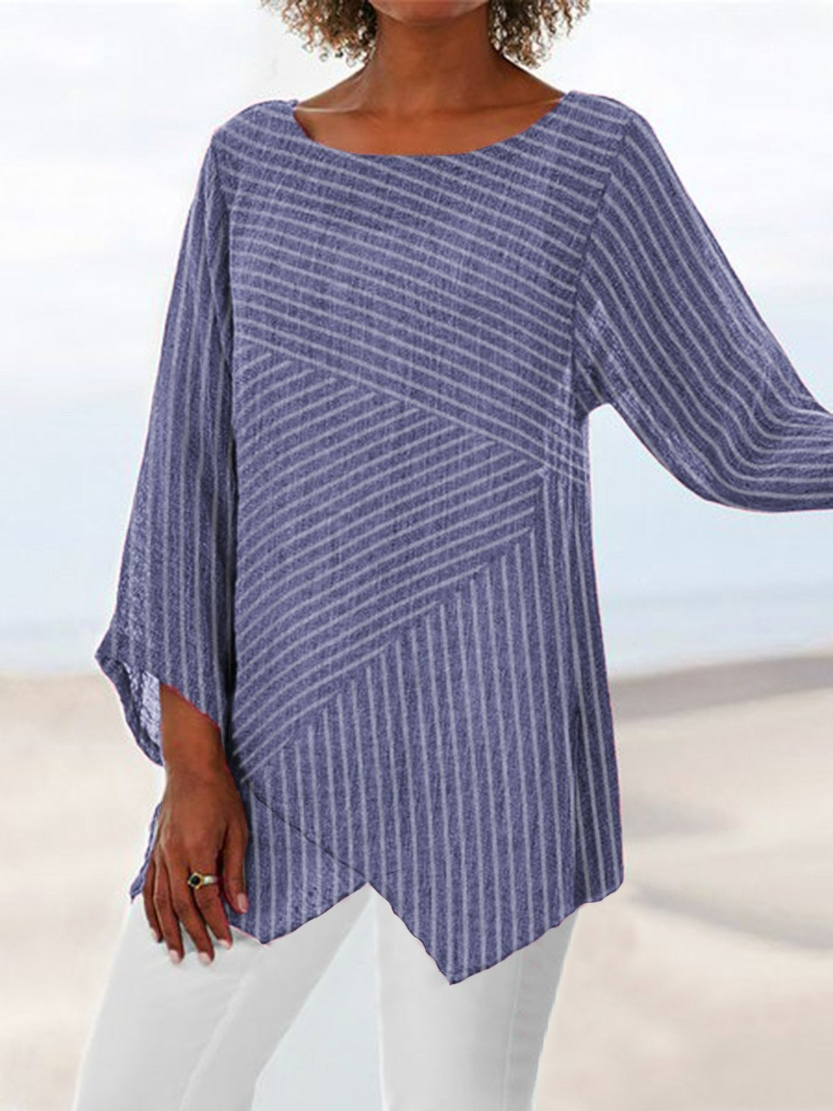 Stripe Print Crew Neck Long Sleeves Blouse