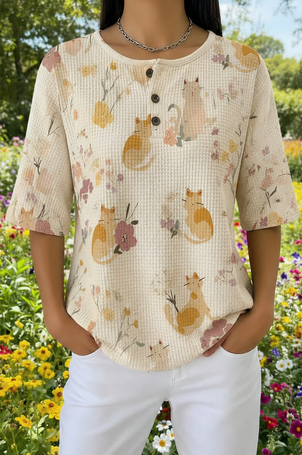 Womens Cream Cartoon Cat Print Casual Henley Shirt