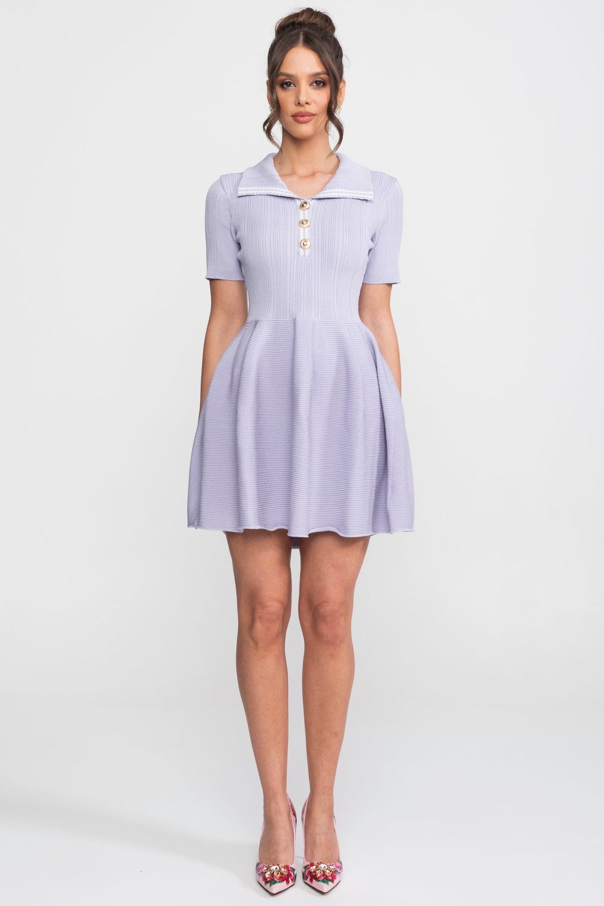 Ribbed Knit Polo Collar Short Sleeve Fit and Flare Mini Dress