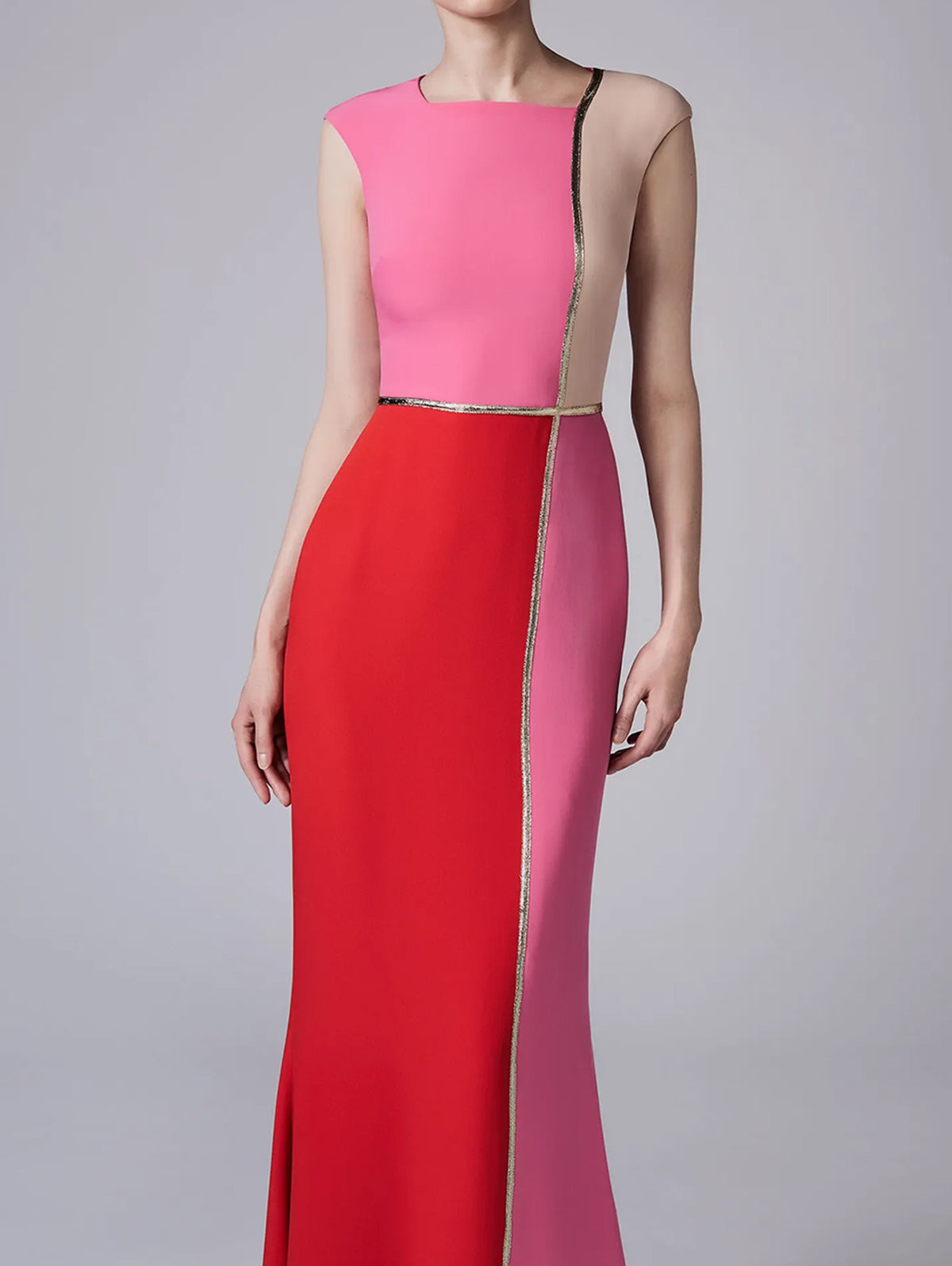 Sleeveless Color Block Contrast Piping Bodycon Mermaid Hem Maxi Gown