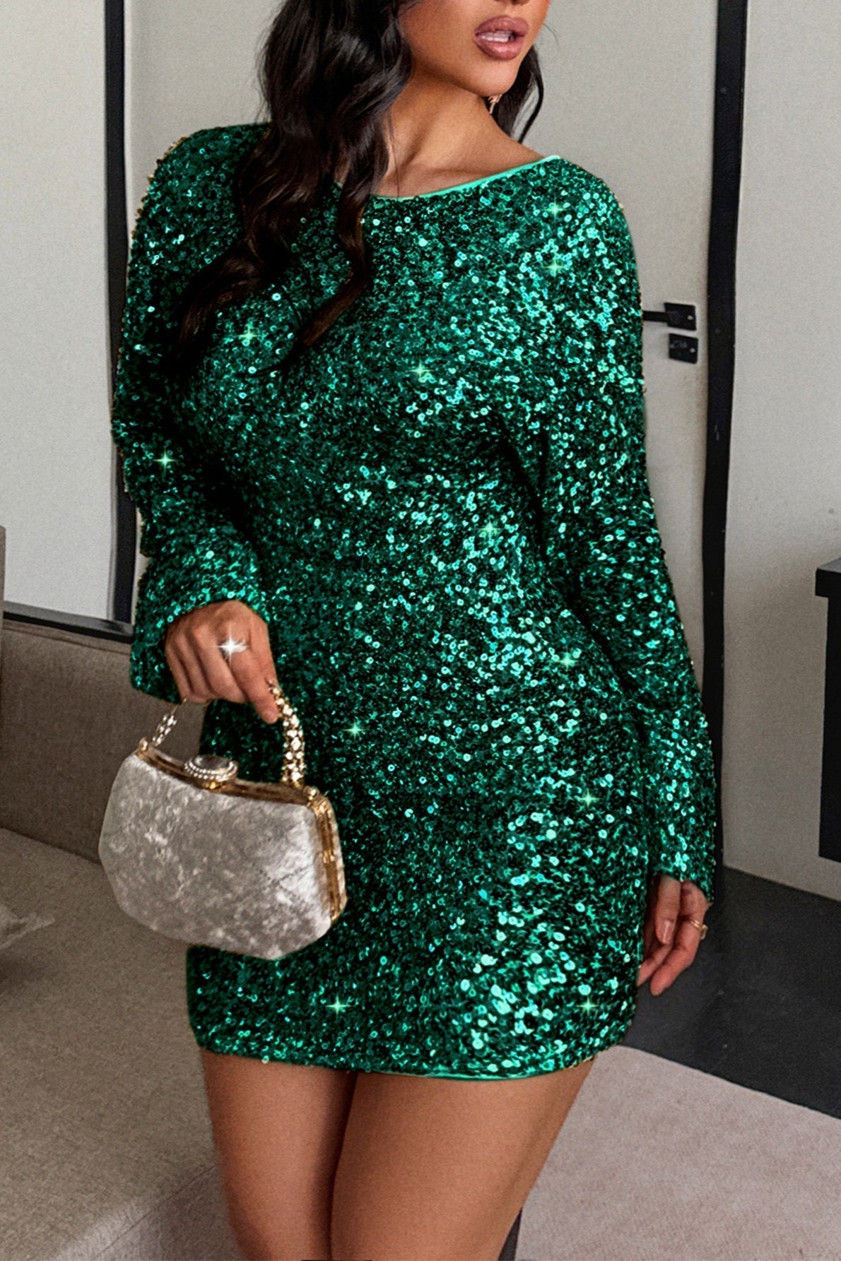 Sequin V-Neck Long Sleeve Bodycon Mini Dress - View 5