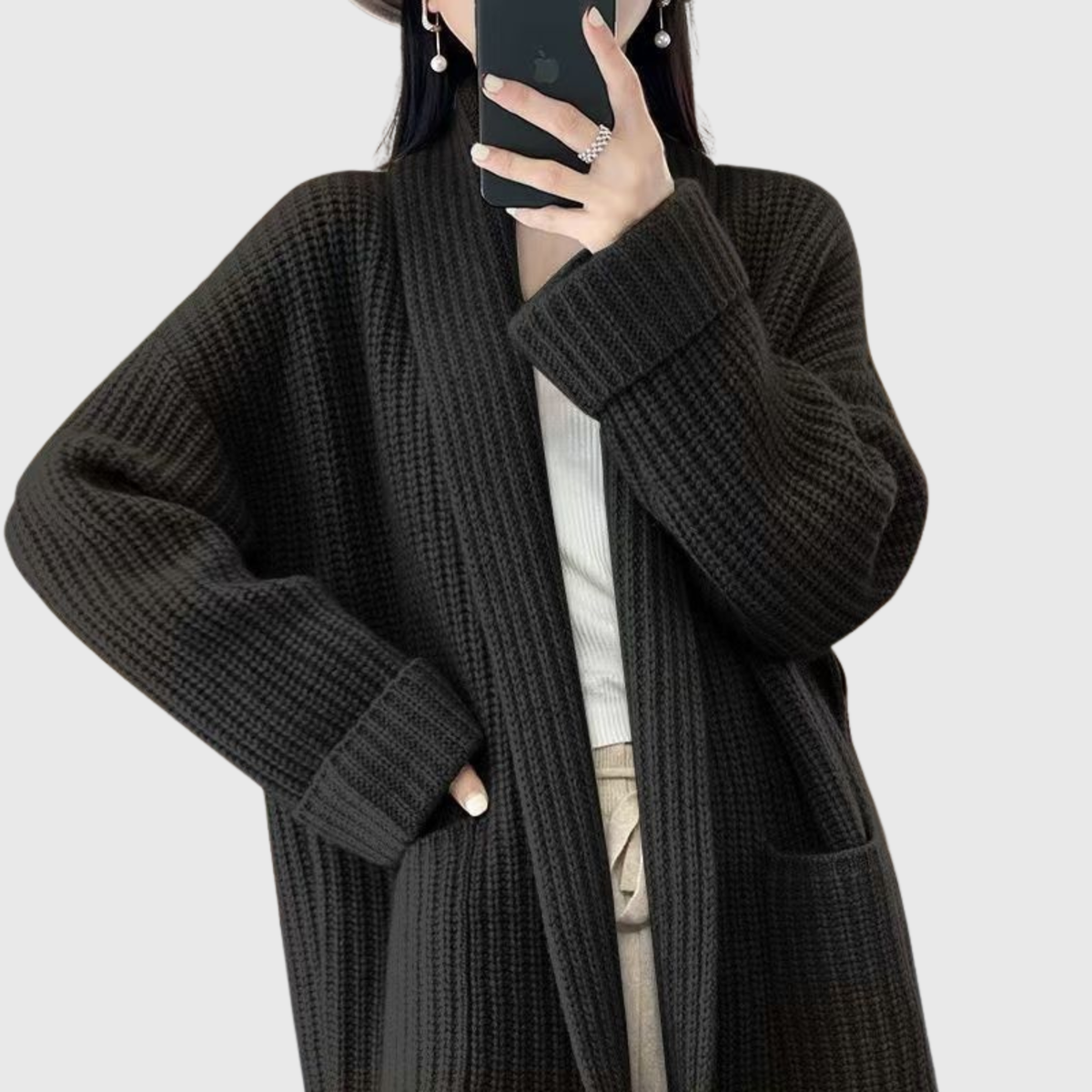 Shawl Collar Open Front Pocket Longline Chunky Knit Cardigan