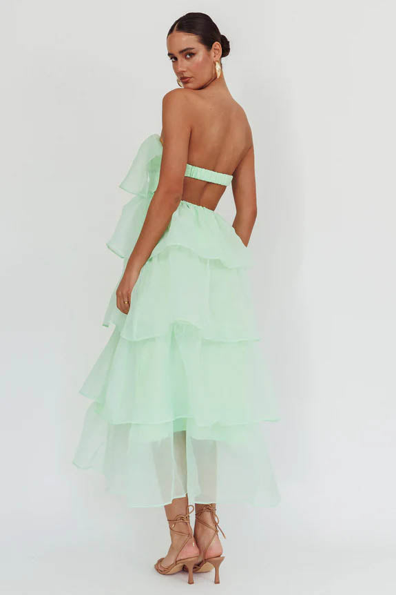 Strapless Backless Tiered Ruffle Organza Maxi Dress