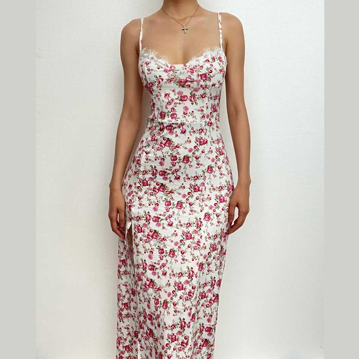 Floral Print Sweetheart Lace Trim High Split Slip Maxi Dress