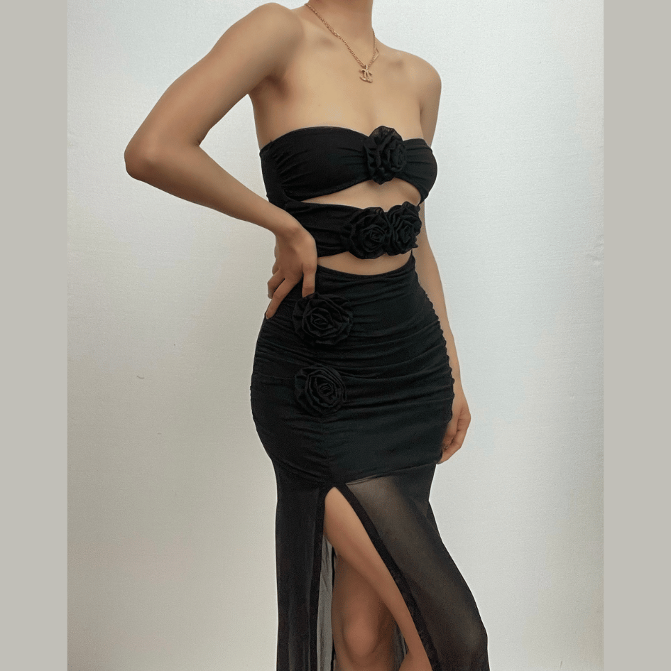 Mesh Strapless Flower Applique Cut Out High Split Maxi Dress