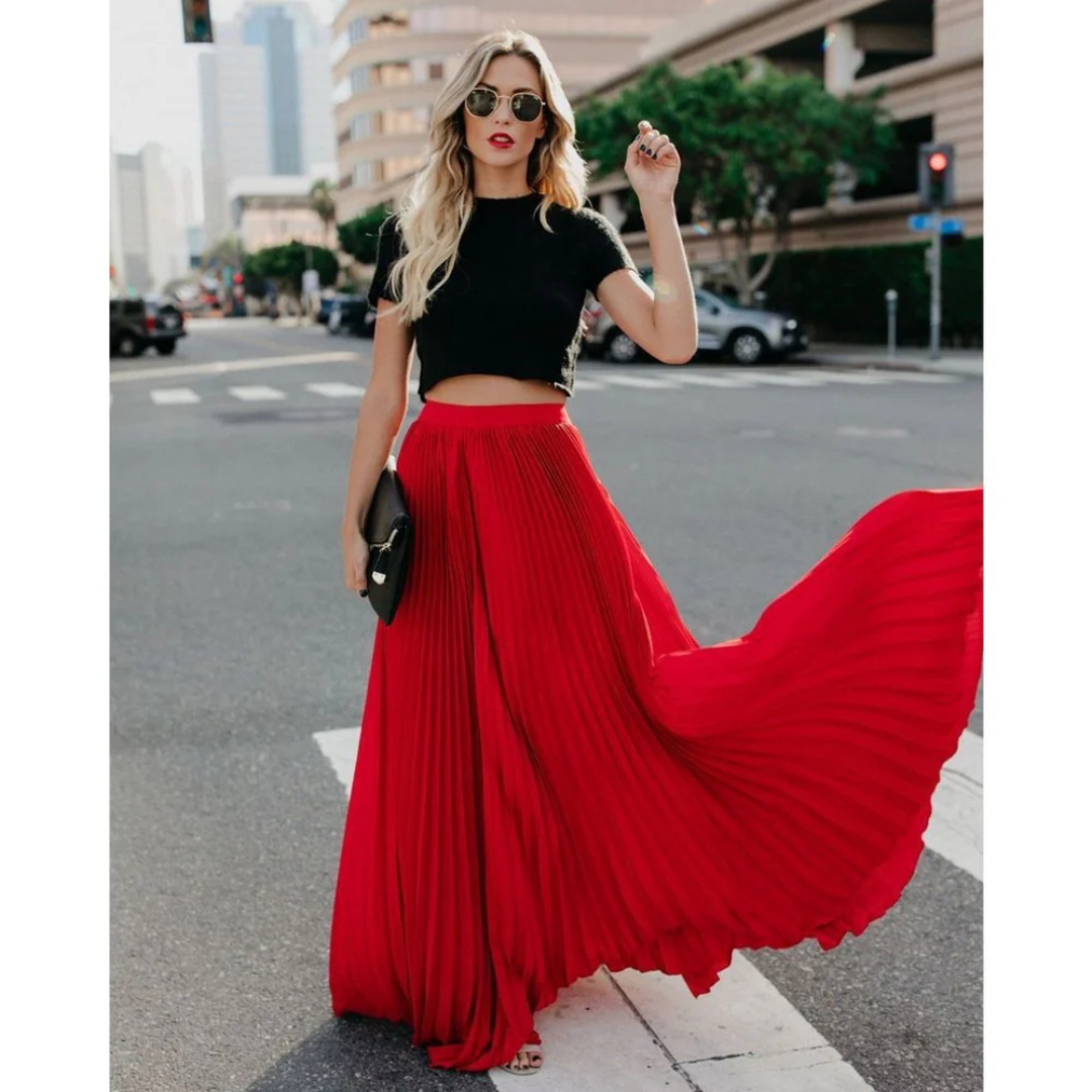 Textured Crop Top Accordion Pleated Maxi Skirt Two Piece Set