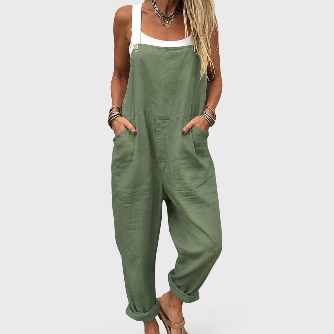 Sleeveless Pocket Rolled Cuff Wide Leg Overall Jumpsuit
