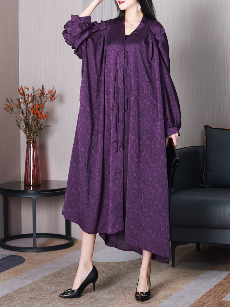 Jacquard Rose Print V-Neck Puff Sleeve Oversized Button Front Maxi Dress