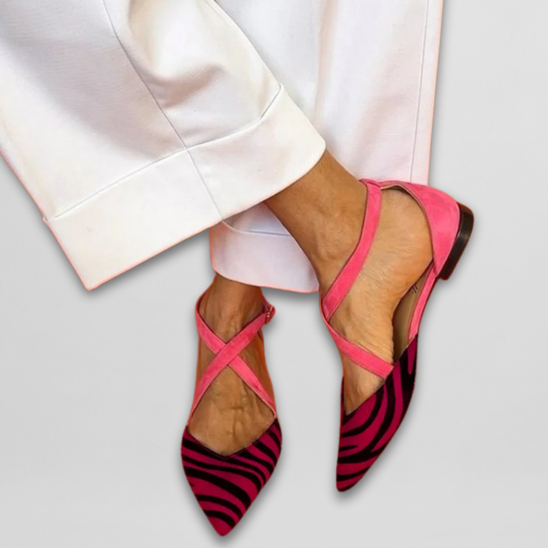 Zebra Print Pointed Toe Cross Strap Flats
