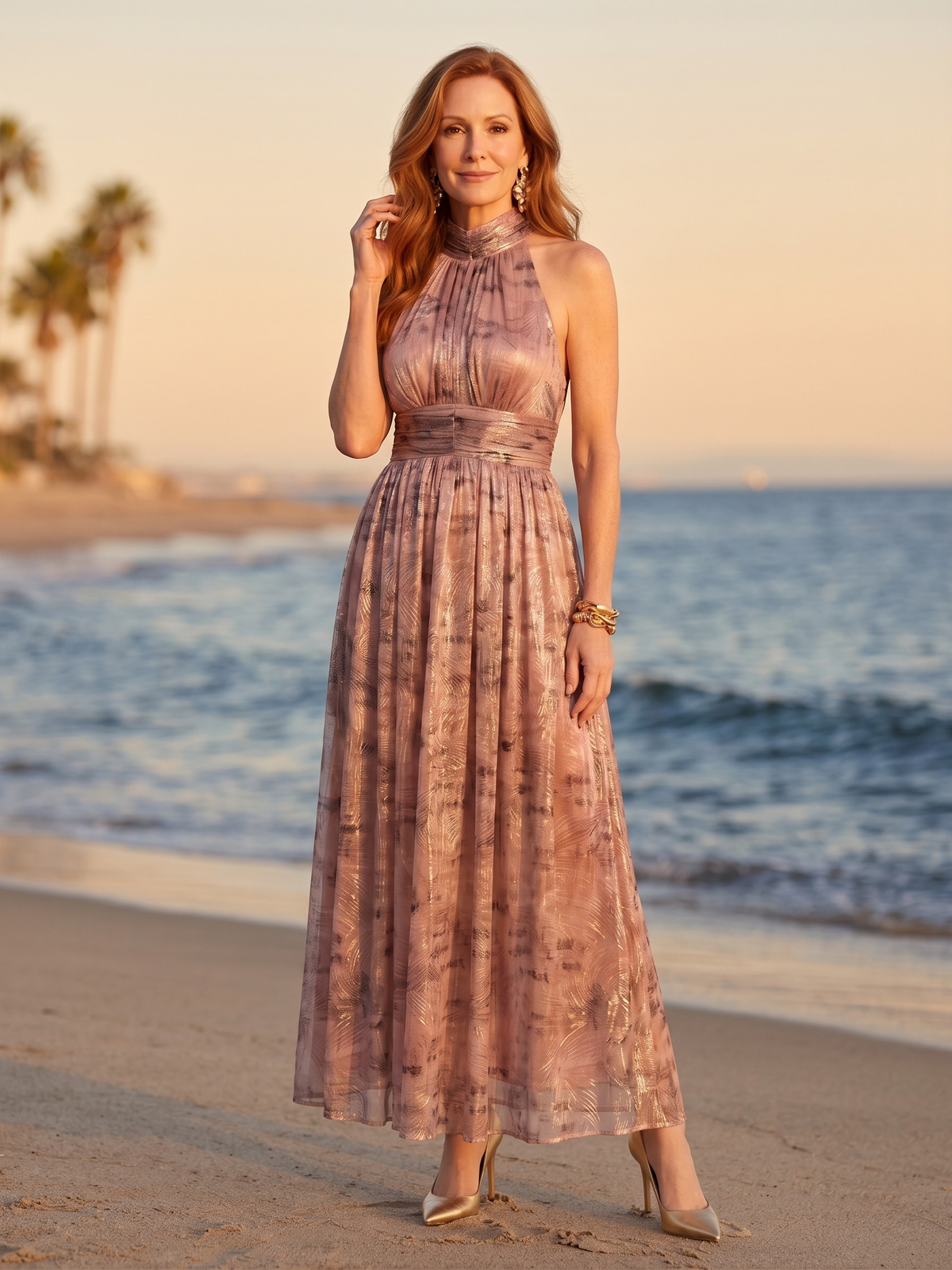 Halter Neck Pleated Chiffon Maxi Dress