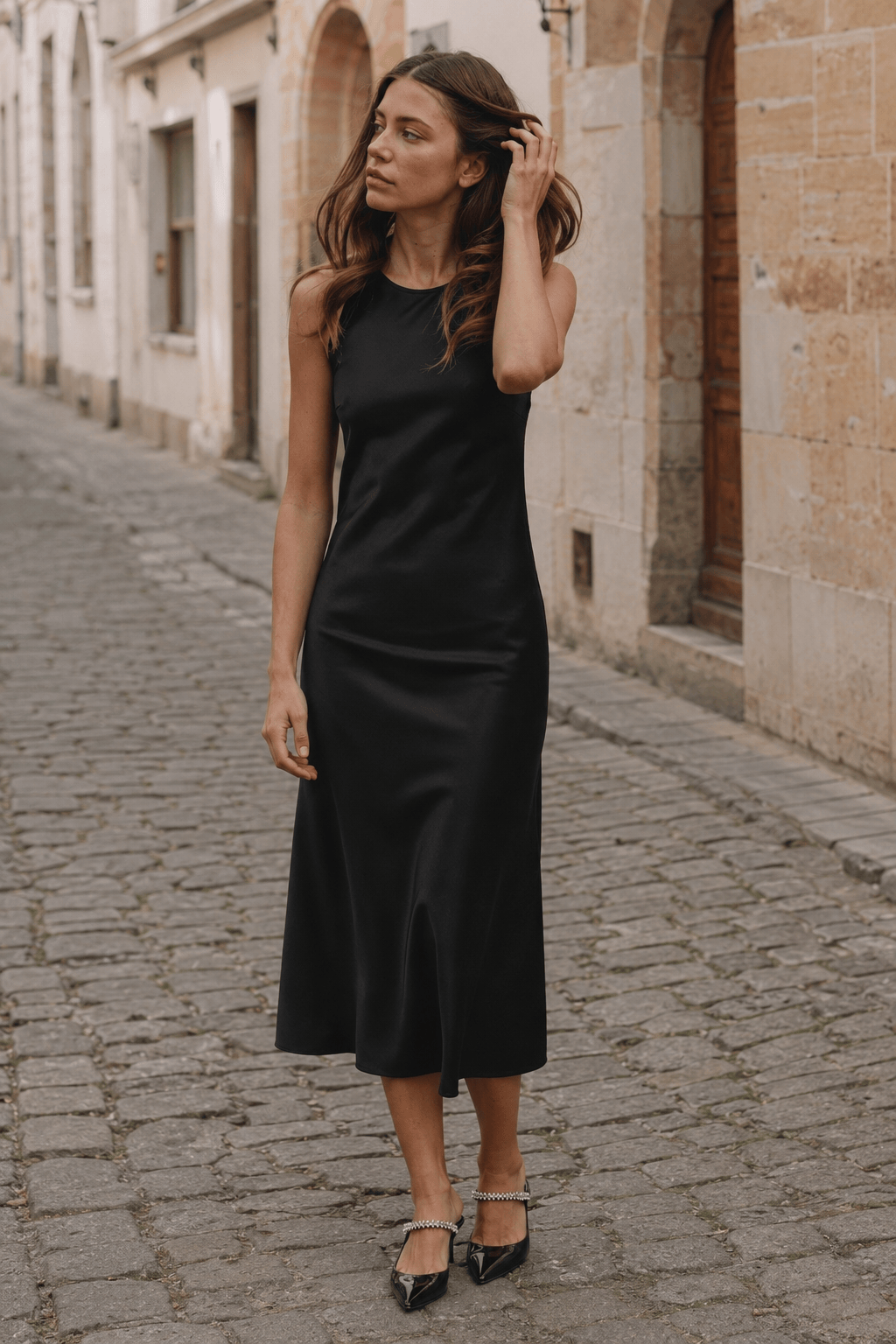 Black Satin Sleeveless Slip Dress