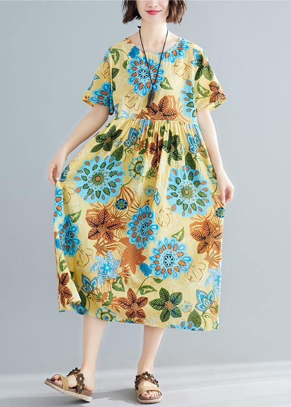 Floral Print Round Neck Short Sleeve Babydoll Gathered Waist Midi Dress