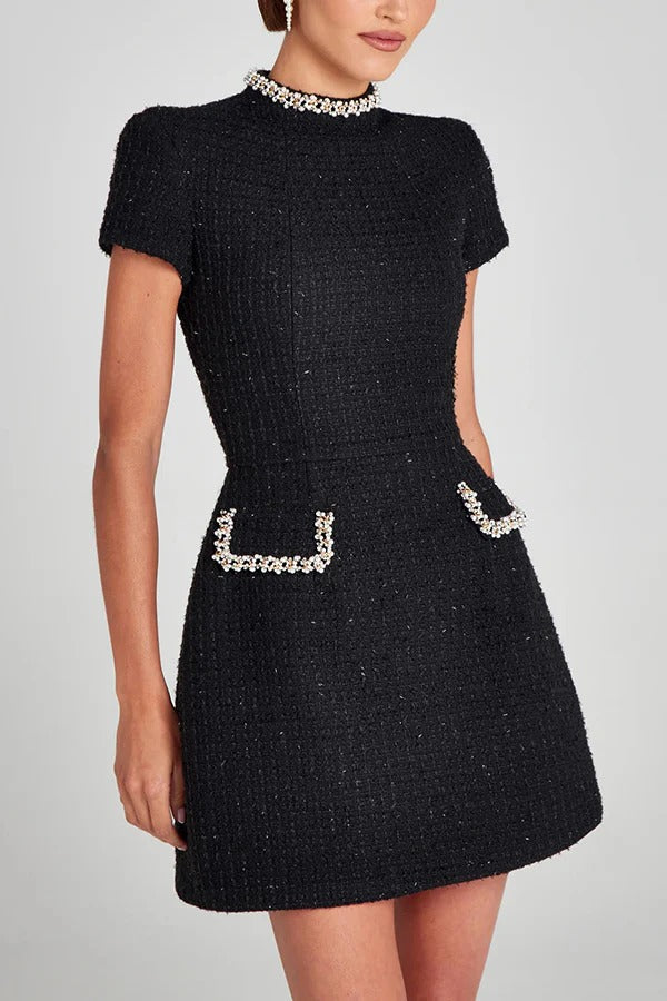 Pearl Trim Short Sleeve Tweed Boucle Mini Dress