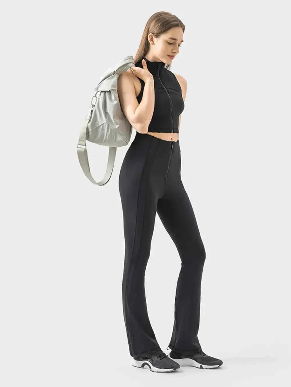 High Waist Zip Front Seam Detail Flare Active Pants 4