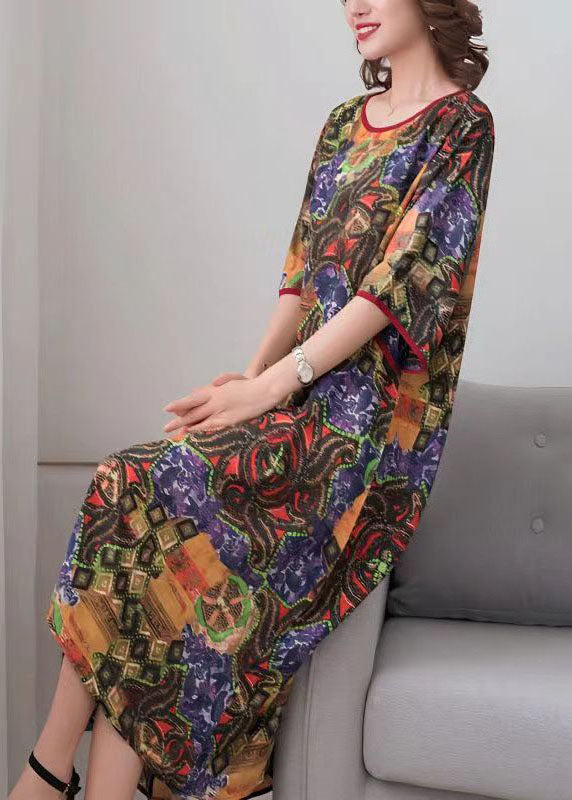 Mixed Print Crew Neck Kimono Sleeve Contrast Trim Shift Midi Dress