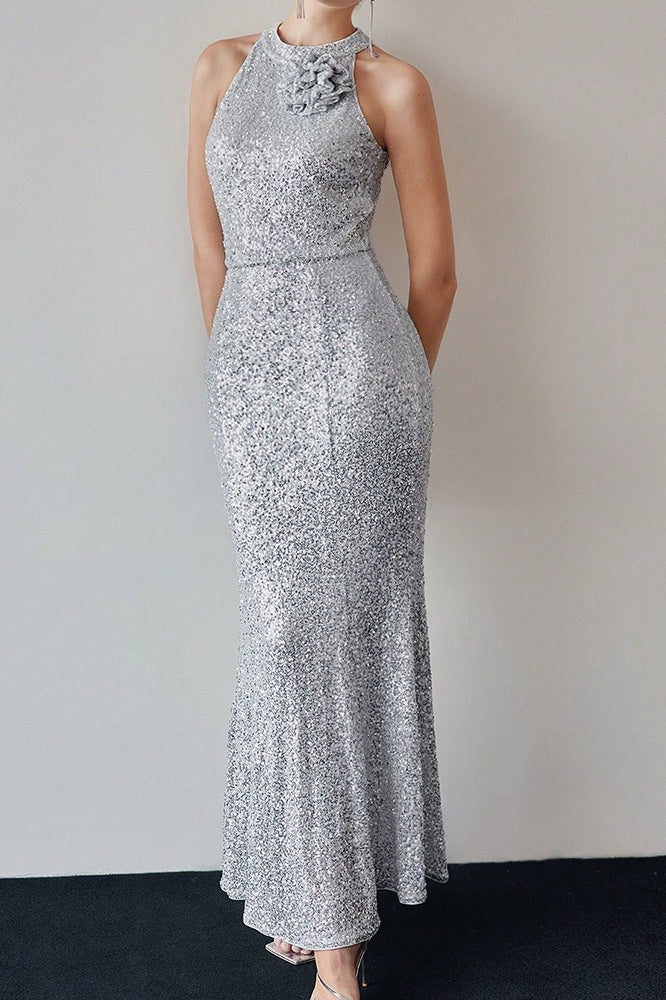 Sequin Halter Neck Rosette Mermaid Maxi Gown