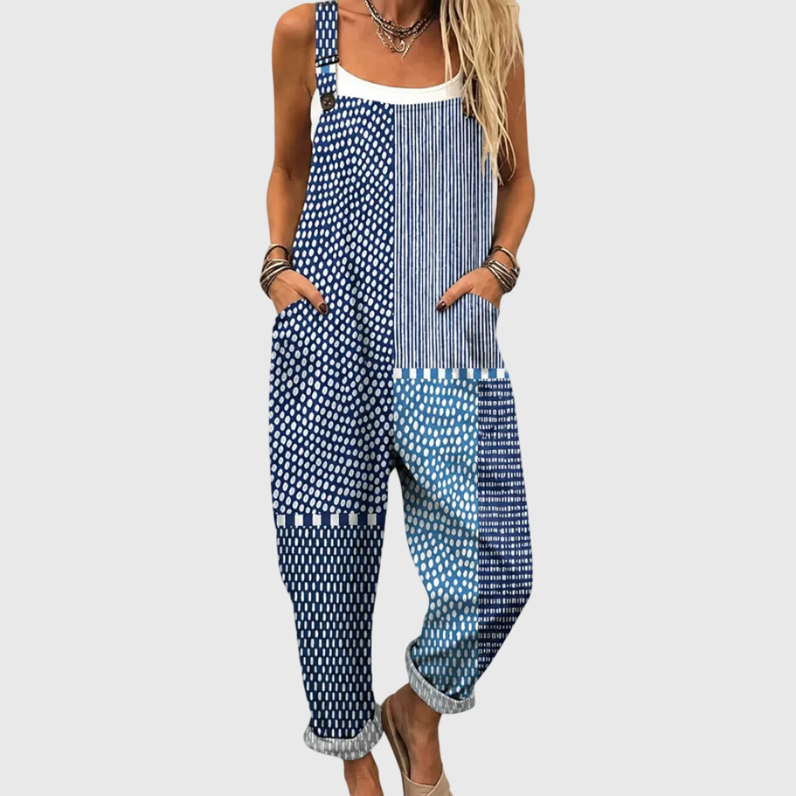Polka Dot Stripe Patchwork Bib Overall Jumpsuit