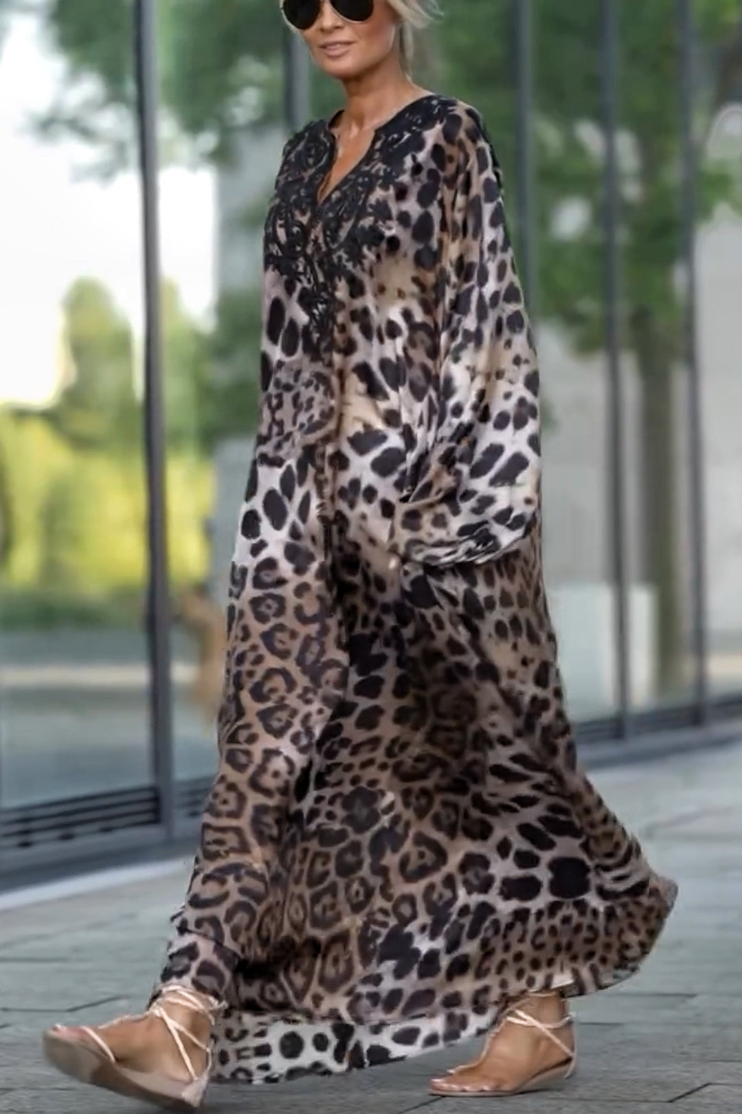 Rayna Lace Mixed Leopard Print Balloon Sleeve A-line Maxi Dress - View 3