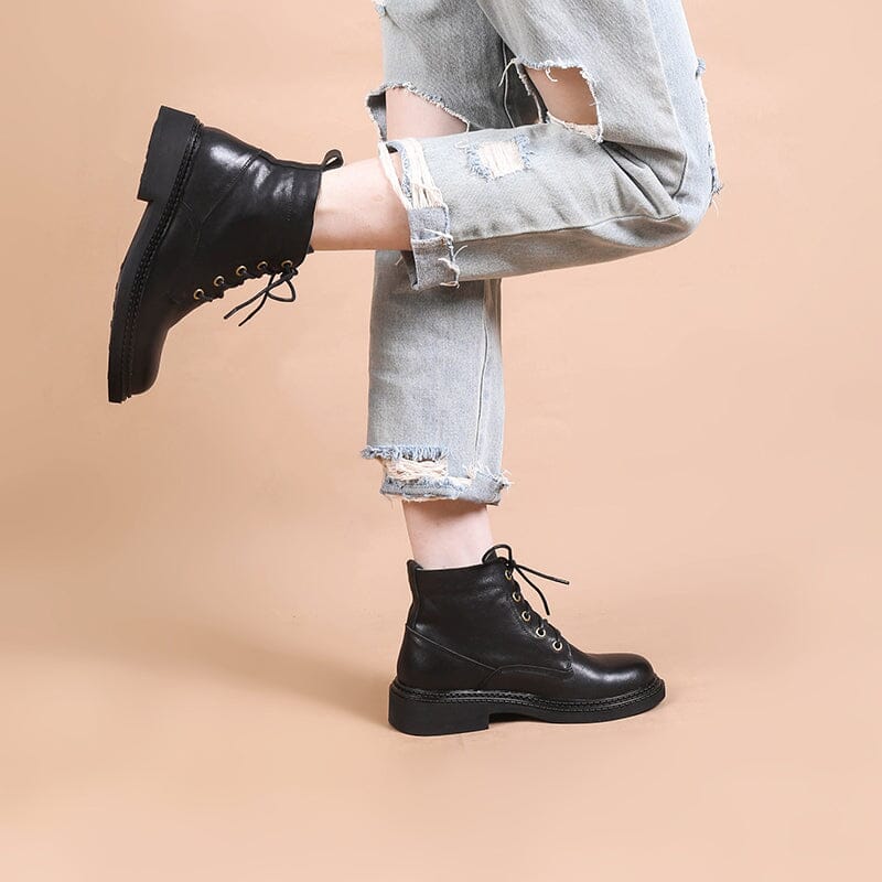 Retro Boots Brush-Off Leather Round Toe Low Heel Bottine Flat Ankle Boots Black/Coffee