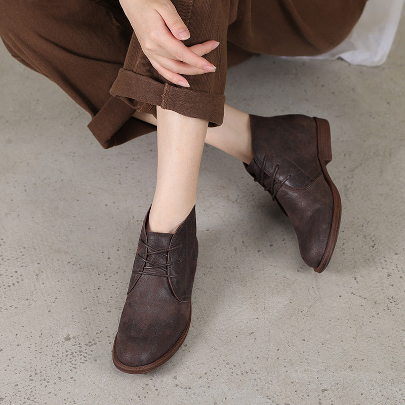 Oxfords For Women Lace Up Flat Sole Ankle Boots Handmade Matte Leather Boots Coffee/Brown