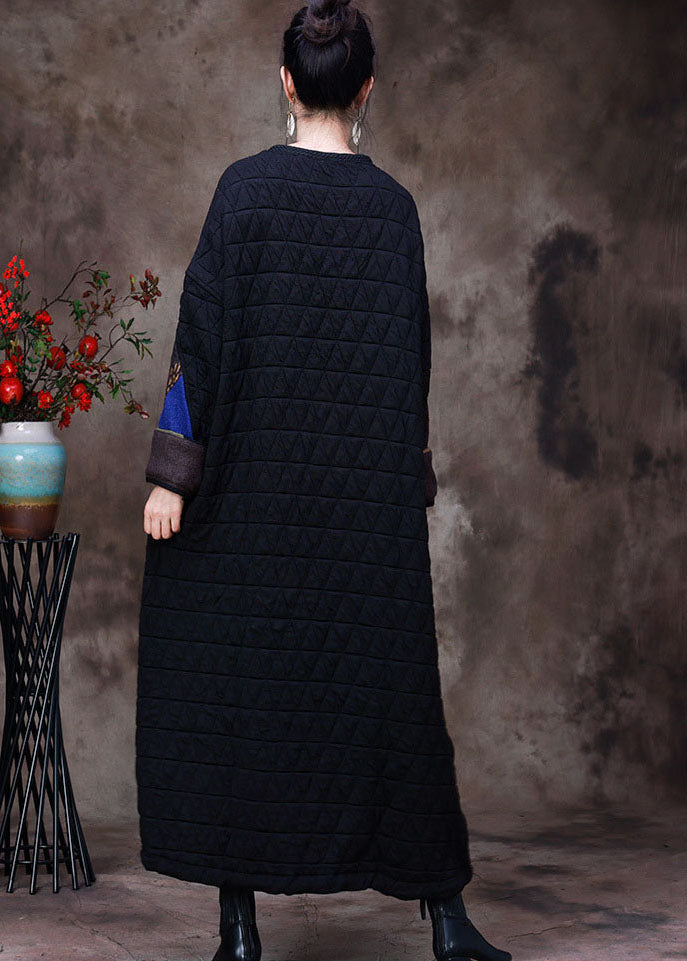 Quilted Geometric Patchwork Round Neck Long Sleeve Oversized Maxi Dress