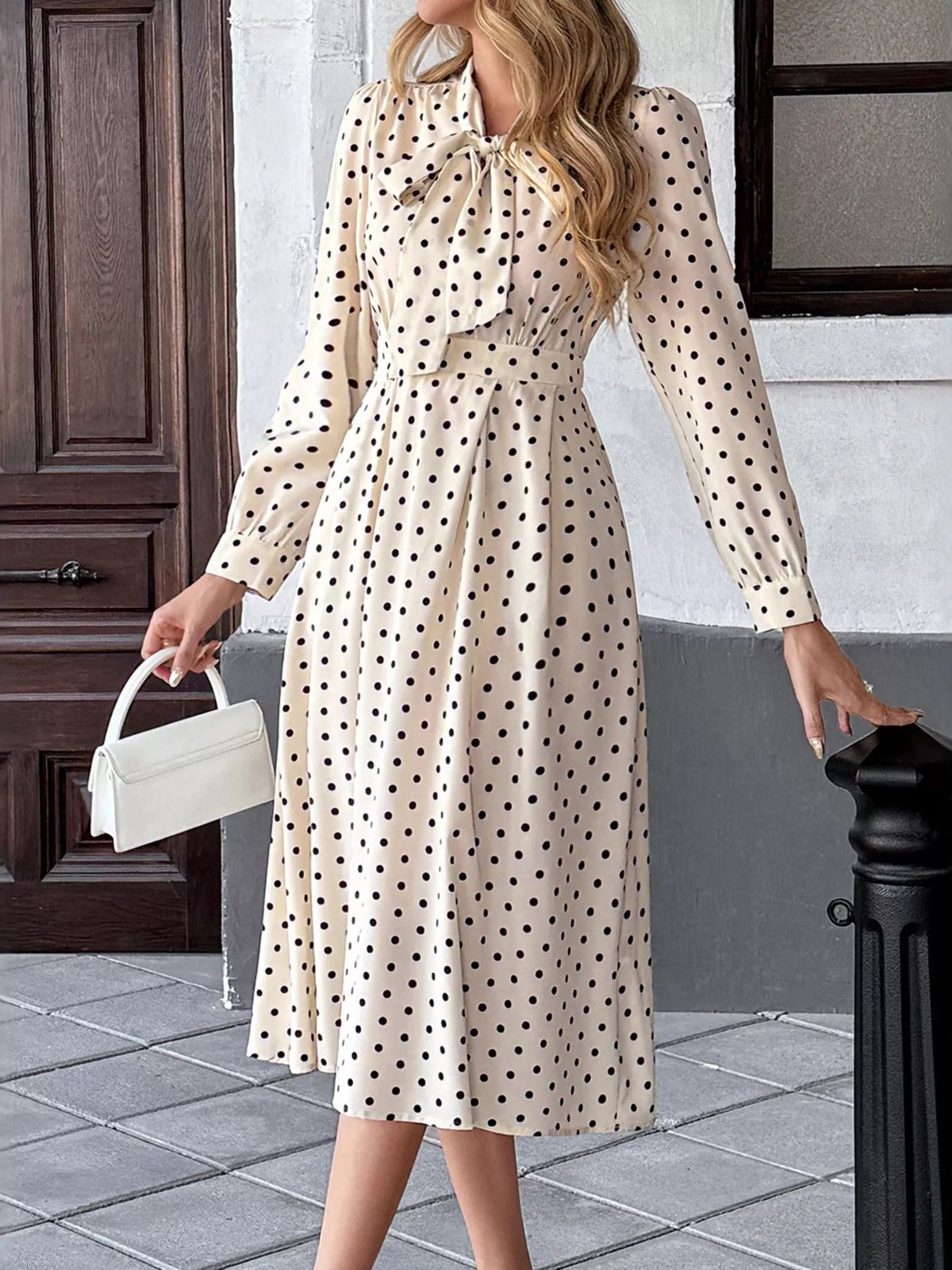 Polka Dot Bow Tie Neck Long Sleeve Pleated A-Line Midi Dress 2