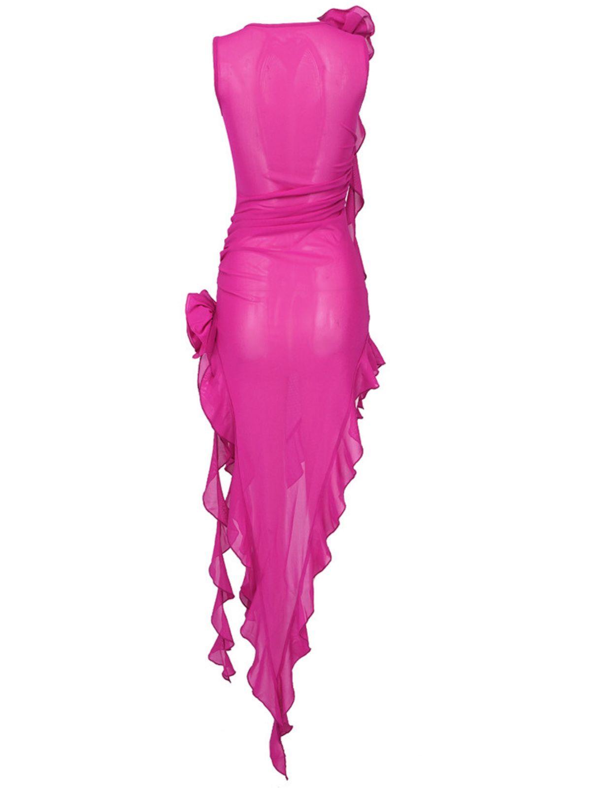 Mesh Flower Applique Ruffle High Split High Low Midi Dress